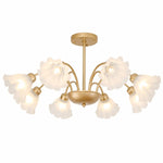 Cargar imagen en el visor de la Galería, Gold-finished iron eight-arm floral glass chandelier on a white background