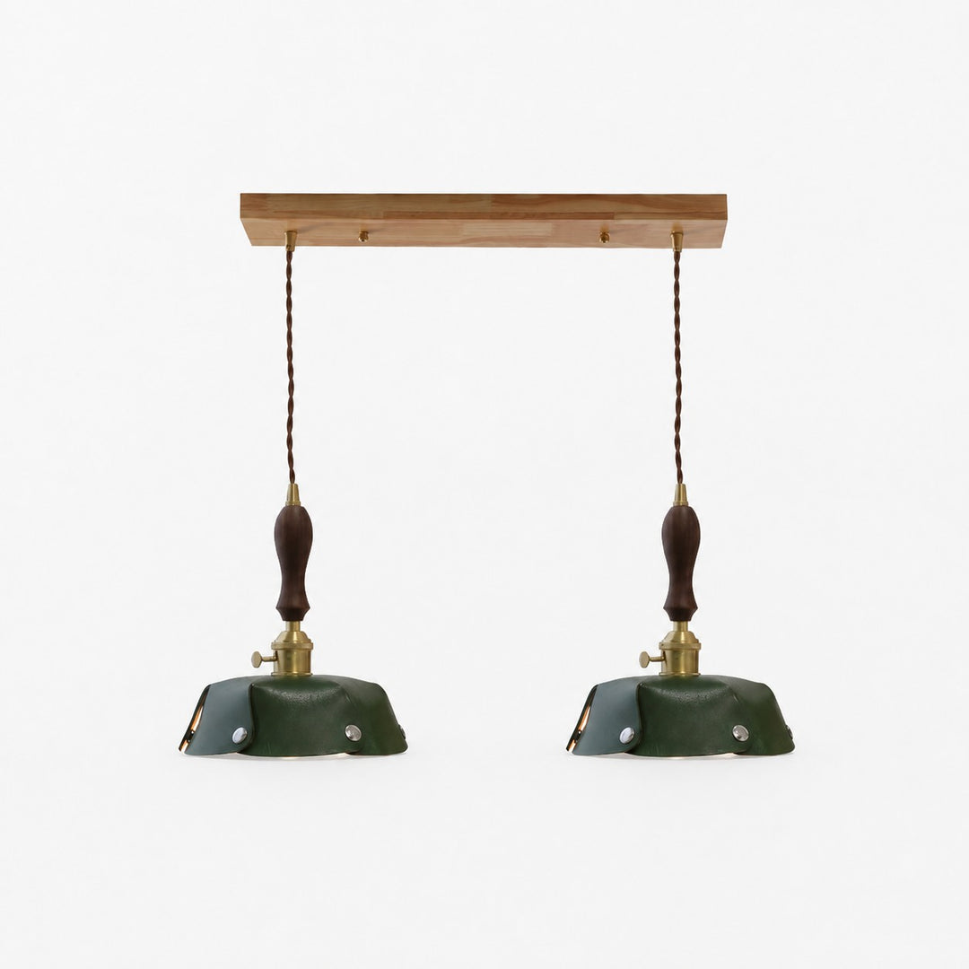 2-Light Linear Pendant Deep Green Leather Bar 50 cm / 19.7 in; Shade Dia. 30 cm / 11.8 in
