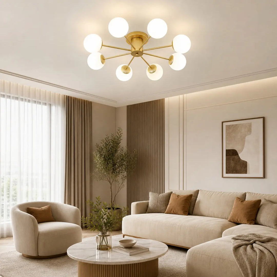 Six-head gold globe ceiling light in a warm living room
