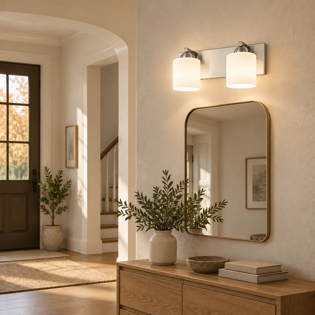 Glass Bathroom Vanity Light with three metal finishes and a metal wall bar - New2609-1024429 interior scene