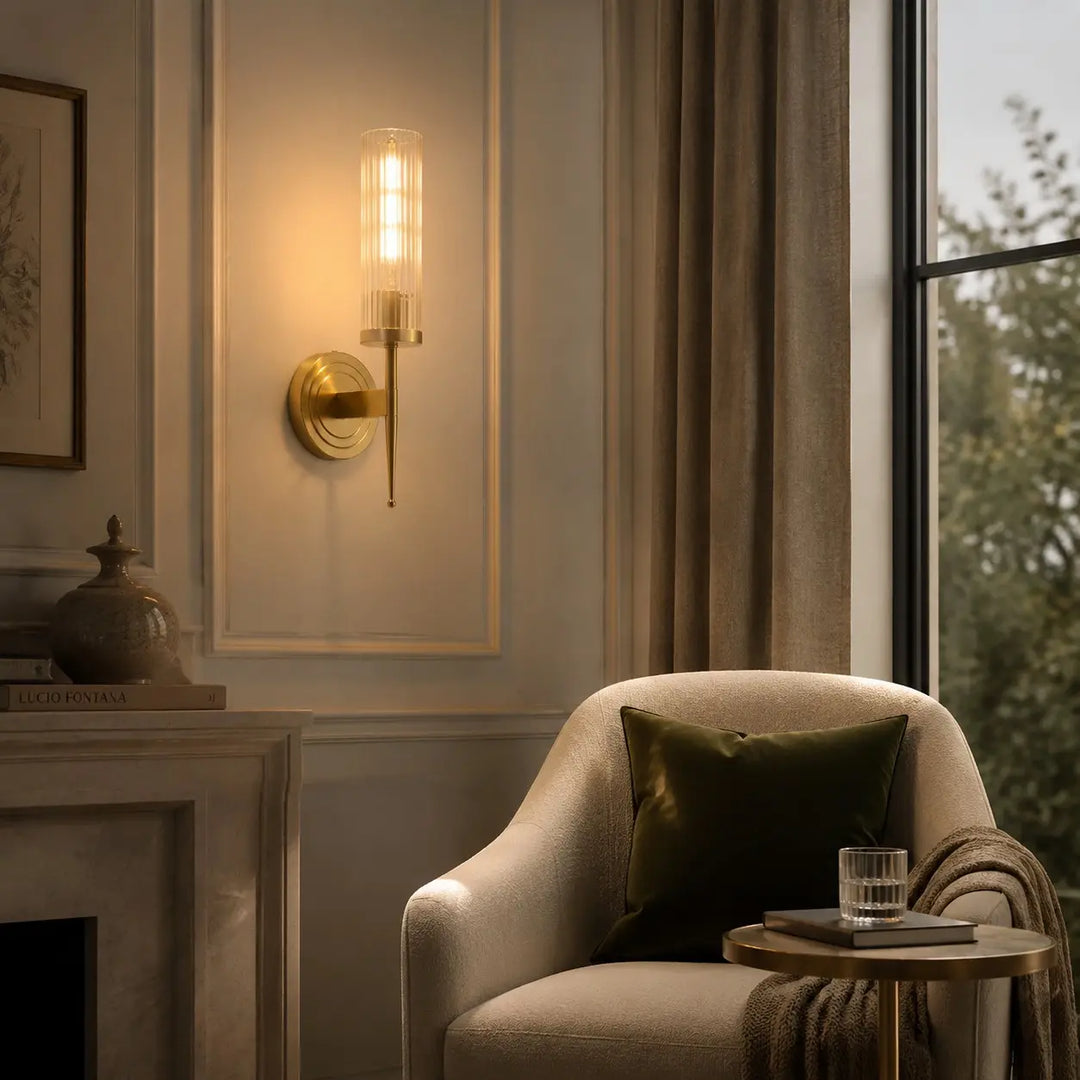 Single-head ribbed glass wall light in use