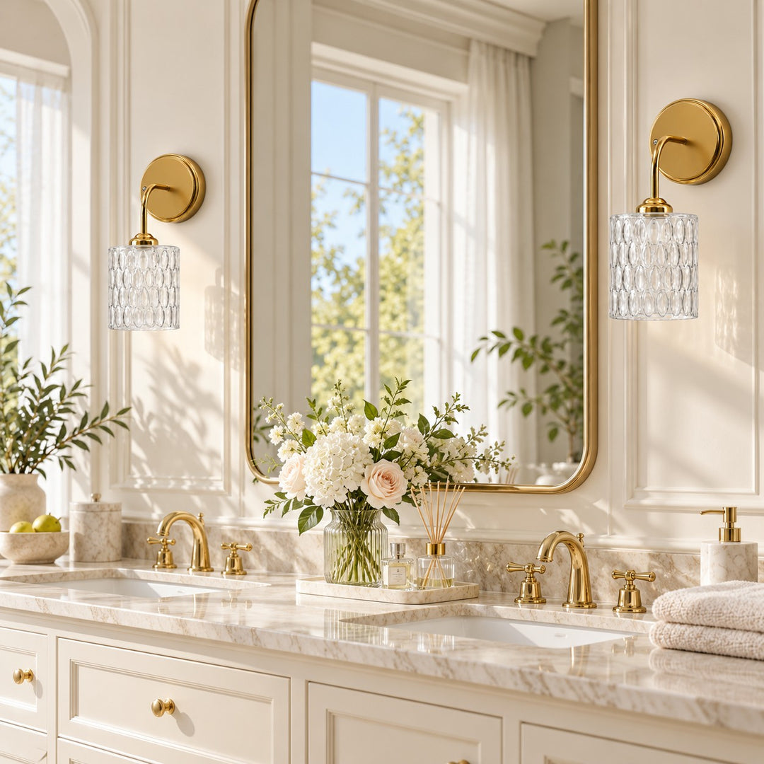 Clear hammered-glass sconce on a marble vanity, lights off