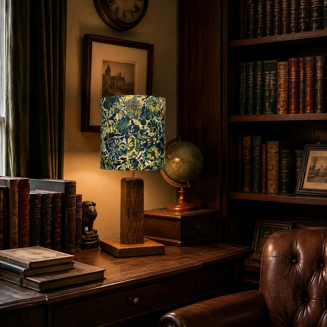 Colorful printed fabric table lamp in a styled interior