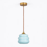 Blue ribbed glass pendant light full view