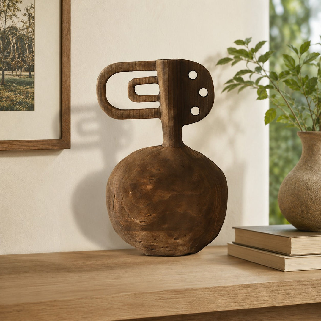 Hand-Carved Solid Wood Sculptural Vase