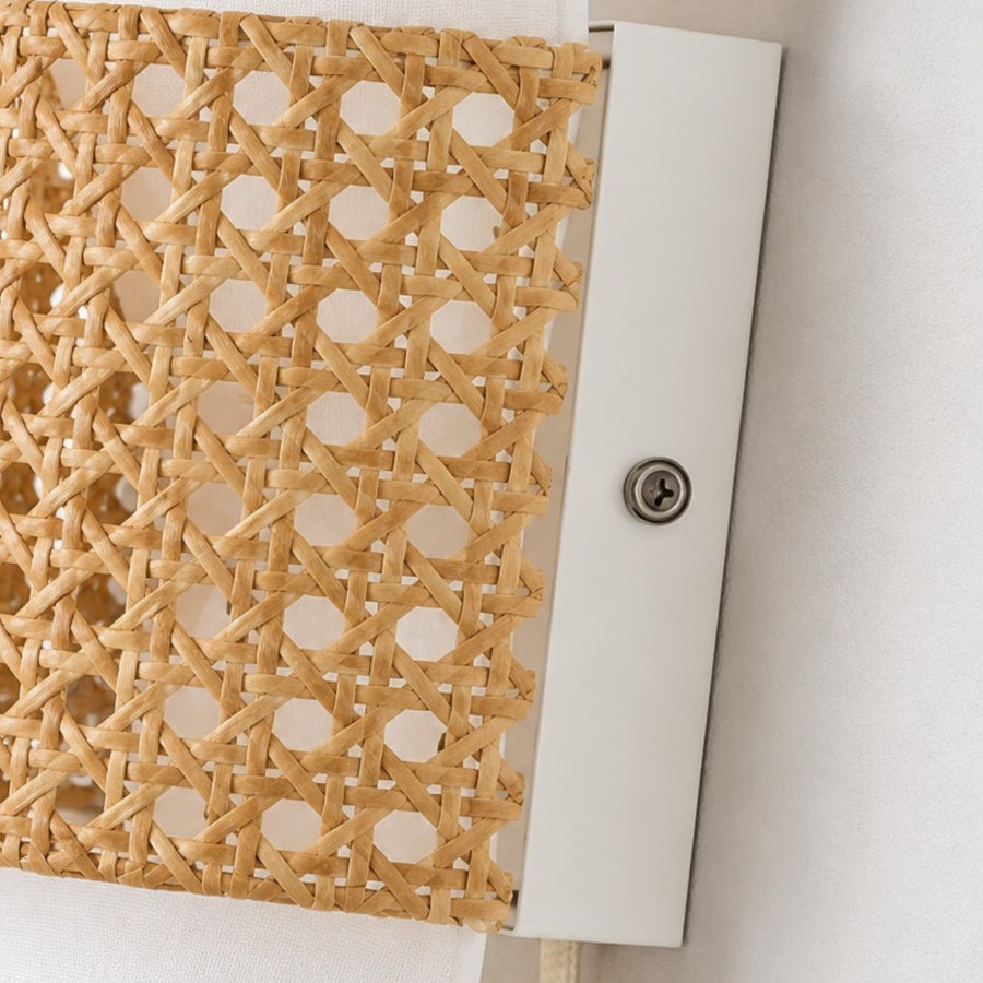 Coastal Boho Fabric and Natural Rattan Plug-In Wall Light for Bedroom and Hallway