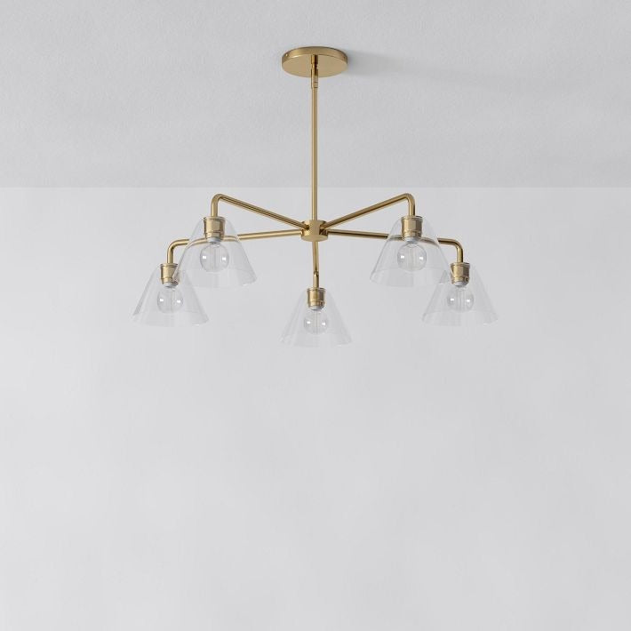 Conica Modern Glass Cone Chandelier – Sculptural 5 Light Brass Design