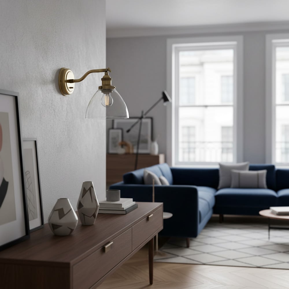 Driscoll Minimalist Clear Glass & Brass Wall Sconce – Adjustable Modern Wall Light for Bedroom or Hallway