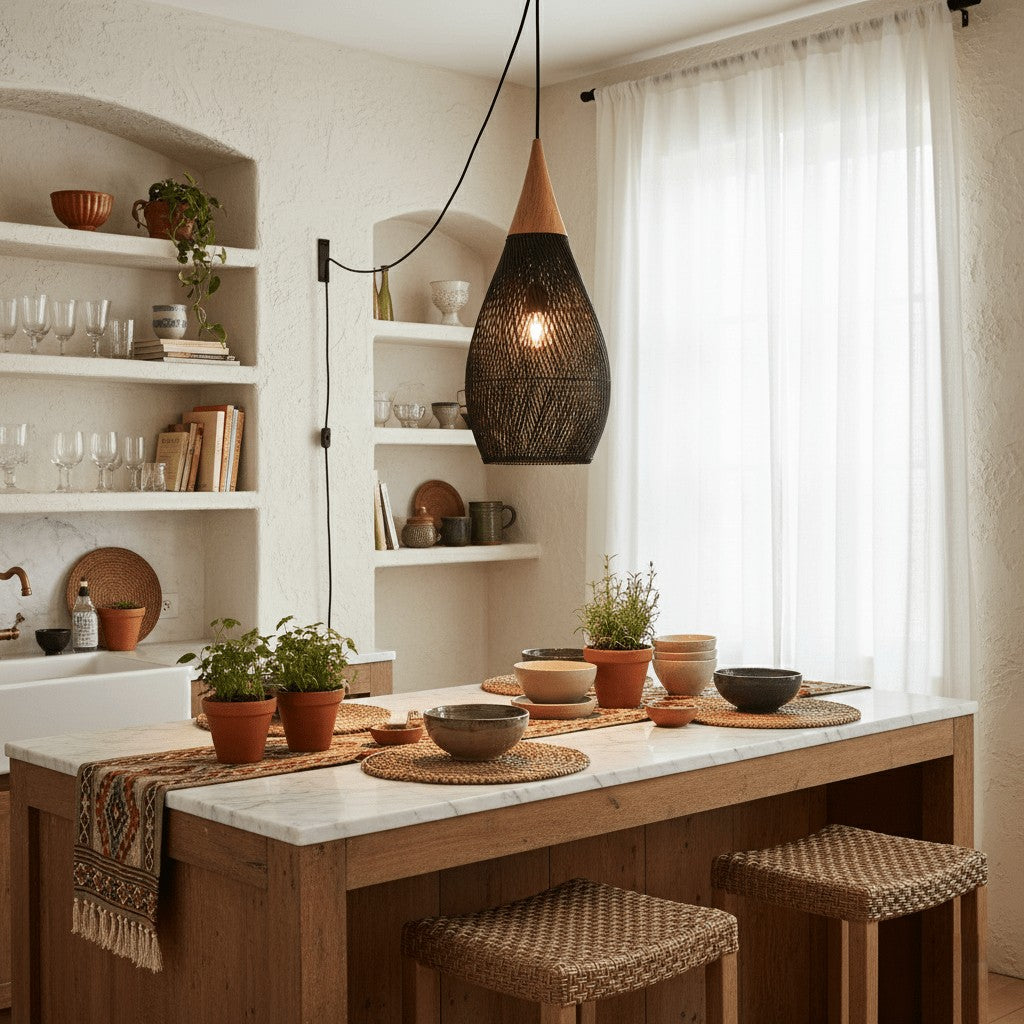 Woven Rattan Wood Plug-In Pendant Light