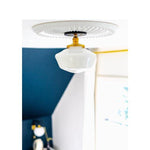 Charger l&#39;image dans la visionneuse de galerie, Geotower Glass Brass Ceiling Light - Opal Glass Schoolhouse Shade - Modern Elegance
