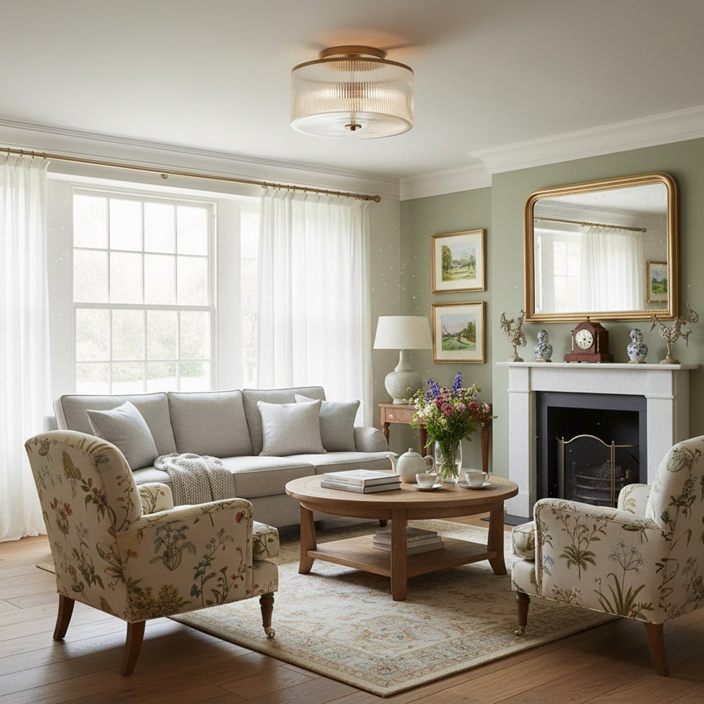 Rivora Vintage Ribbed-Glass Drum Flush Ceiling Light for Living Room