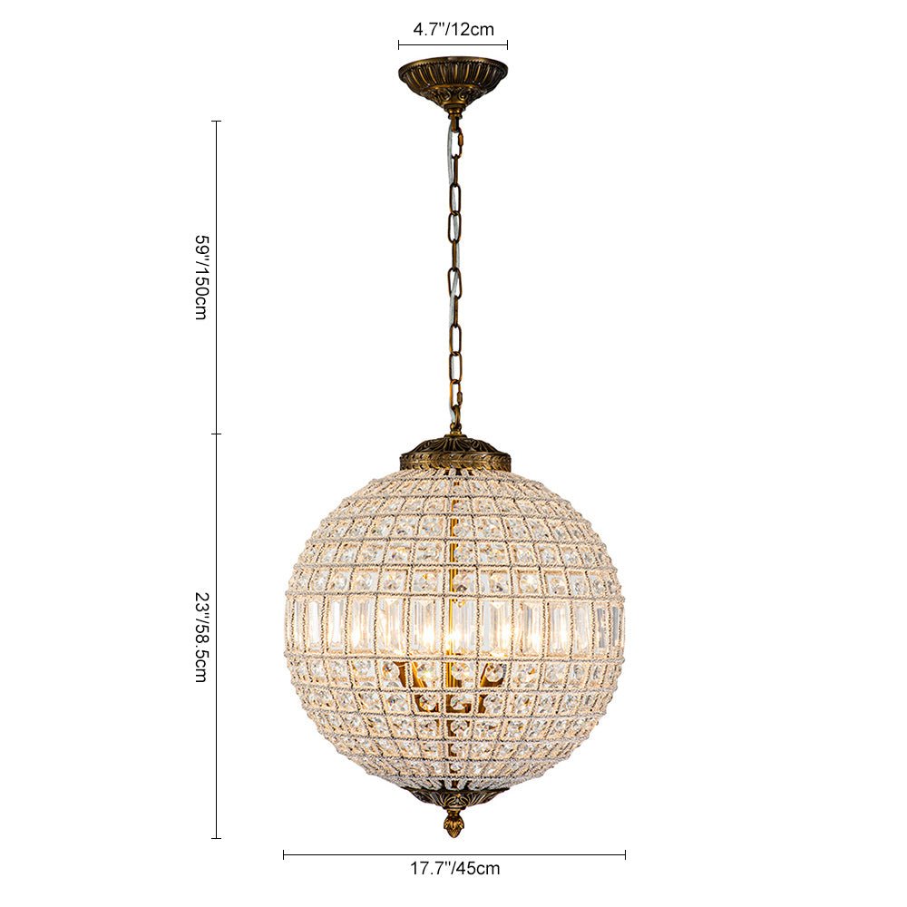 Lustre globe en cristal vintage luxueux avec finition en laiton antique