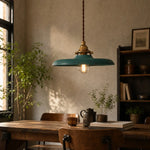 Load image into Gallery viewer, Distressed blue pendant light above a dining table