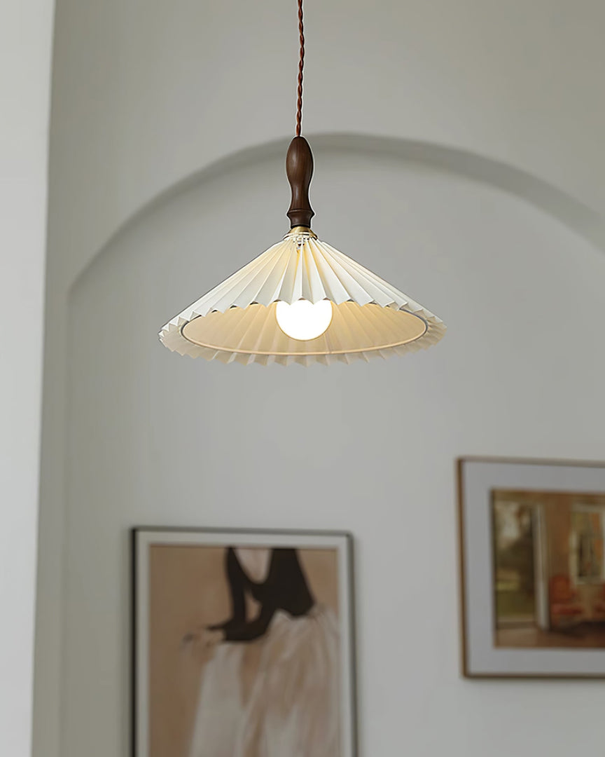 White Fabric Walnut Brass Plug-In Pendant
