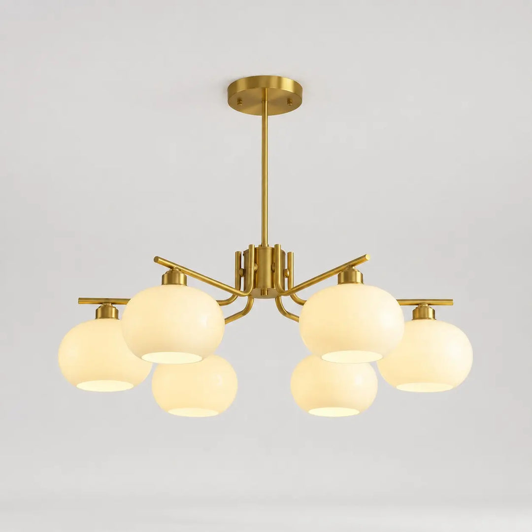 Solid brass gold six-light milk glass chandelier