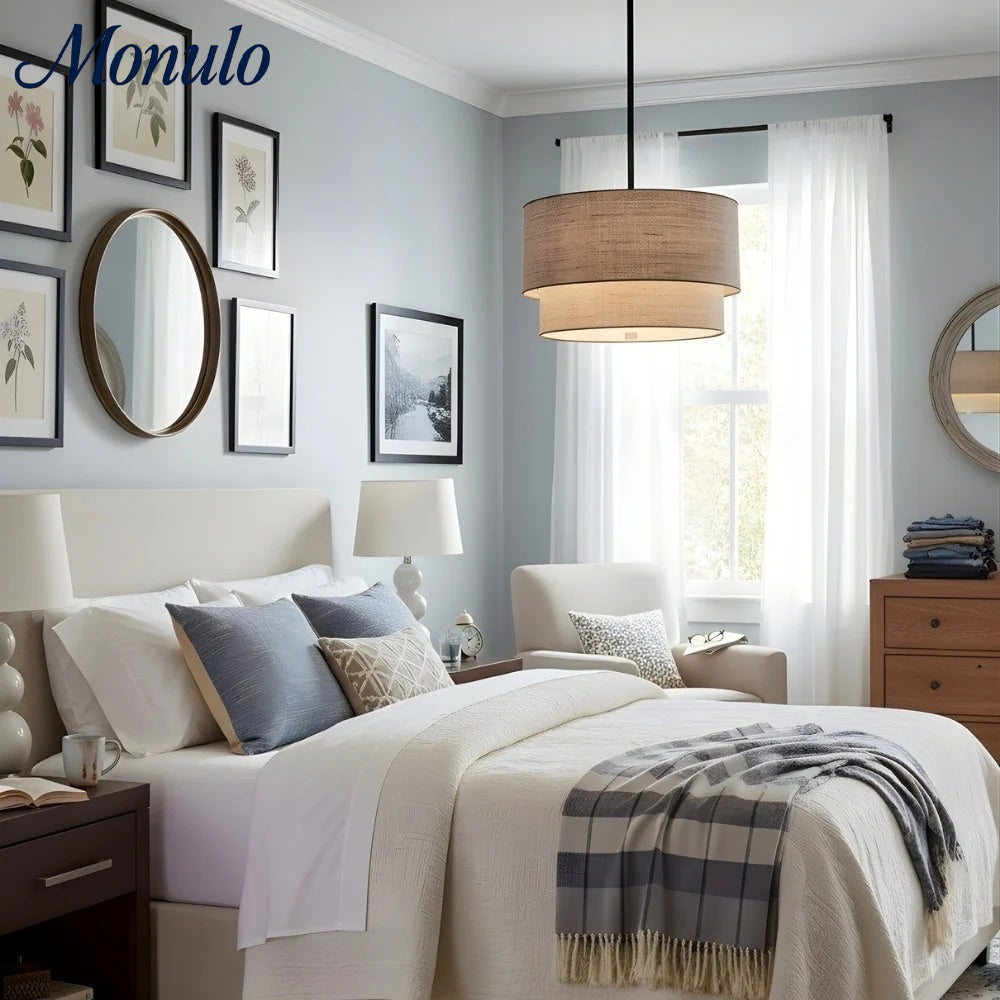 Dumora Double Fabric Drum Pendant Light - Modern Layered Shade Ceiling Lamp Perfect for Dining Room or Living Room