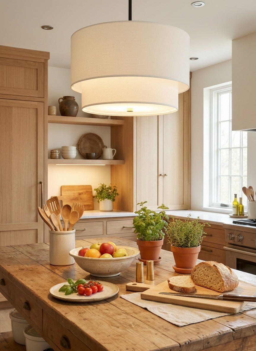 Dumora Double Fabric Drum Pendant Light - Modern Layered Shade Ceiling Lamp Perfect for Dining Room or Living Room