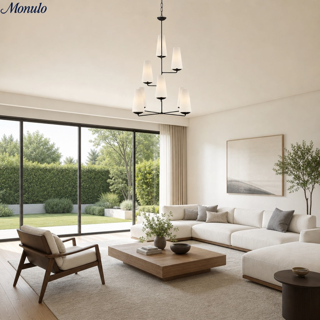 Lámpara de araña vertical escalonada Rowan de múltiples cabezas - Metal moderno y tela para salas de estar y vestíbulos
