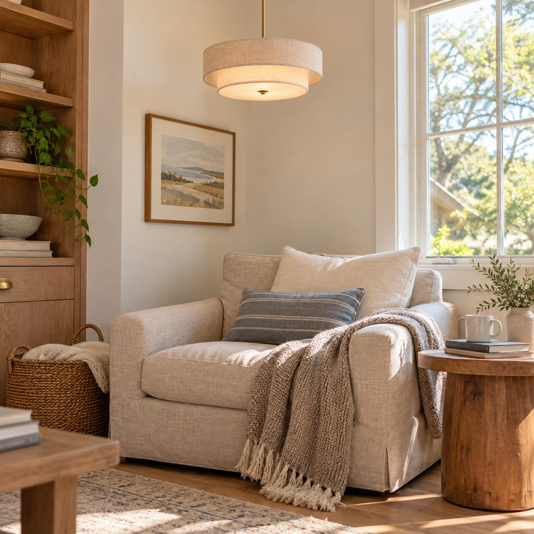 Two-Tier Linen Drum Pendant