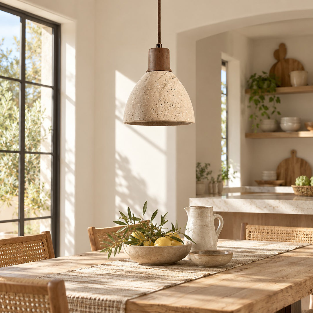 Modern Nerio Wood Walnut Travertine Pendant Light