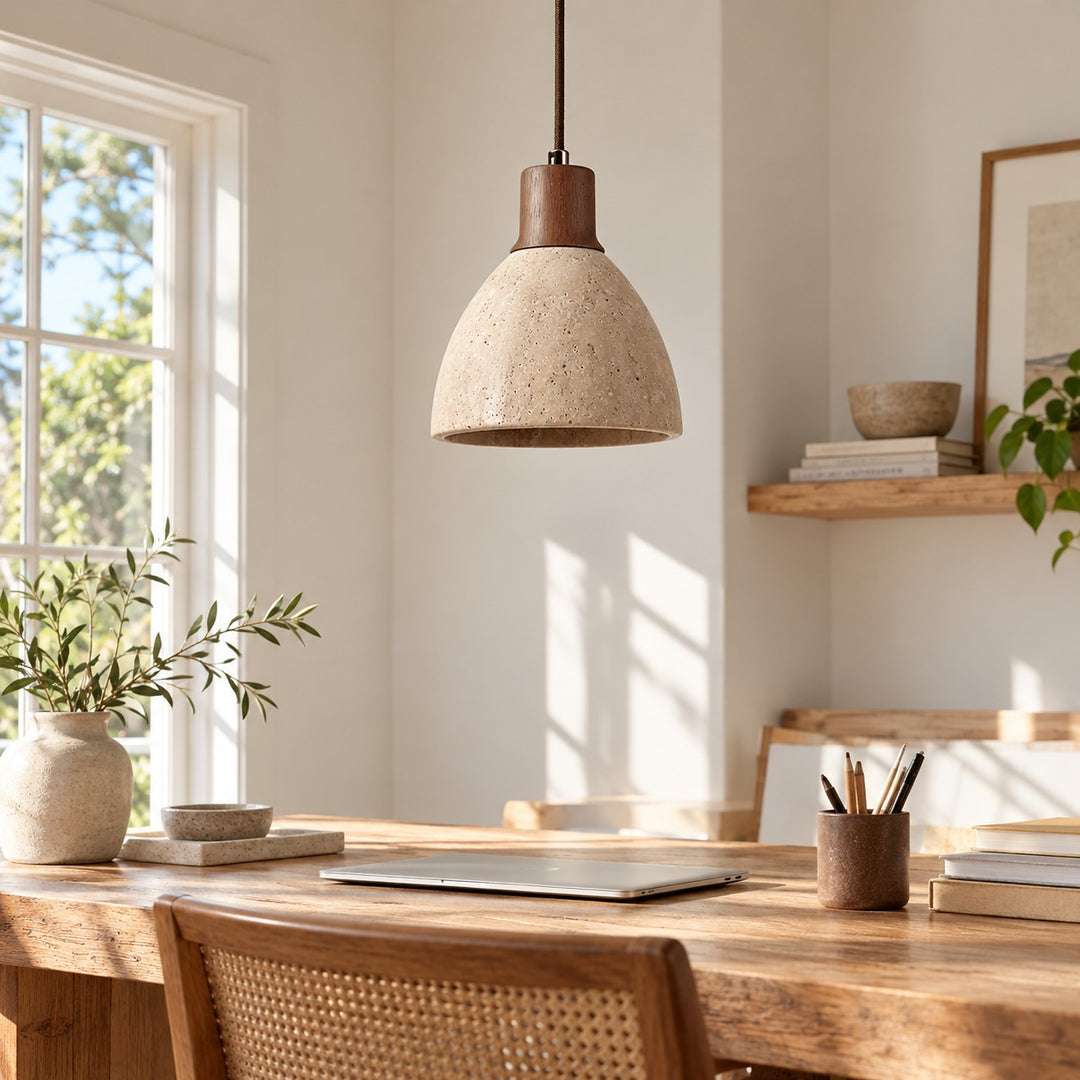 Modern Nerio Wood Walnut Travertine Pendant Light