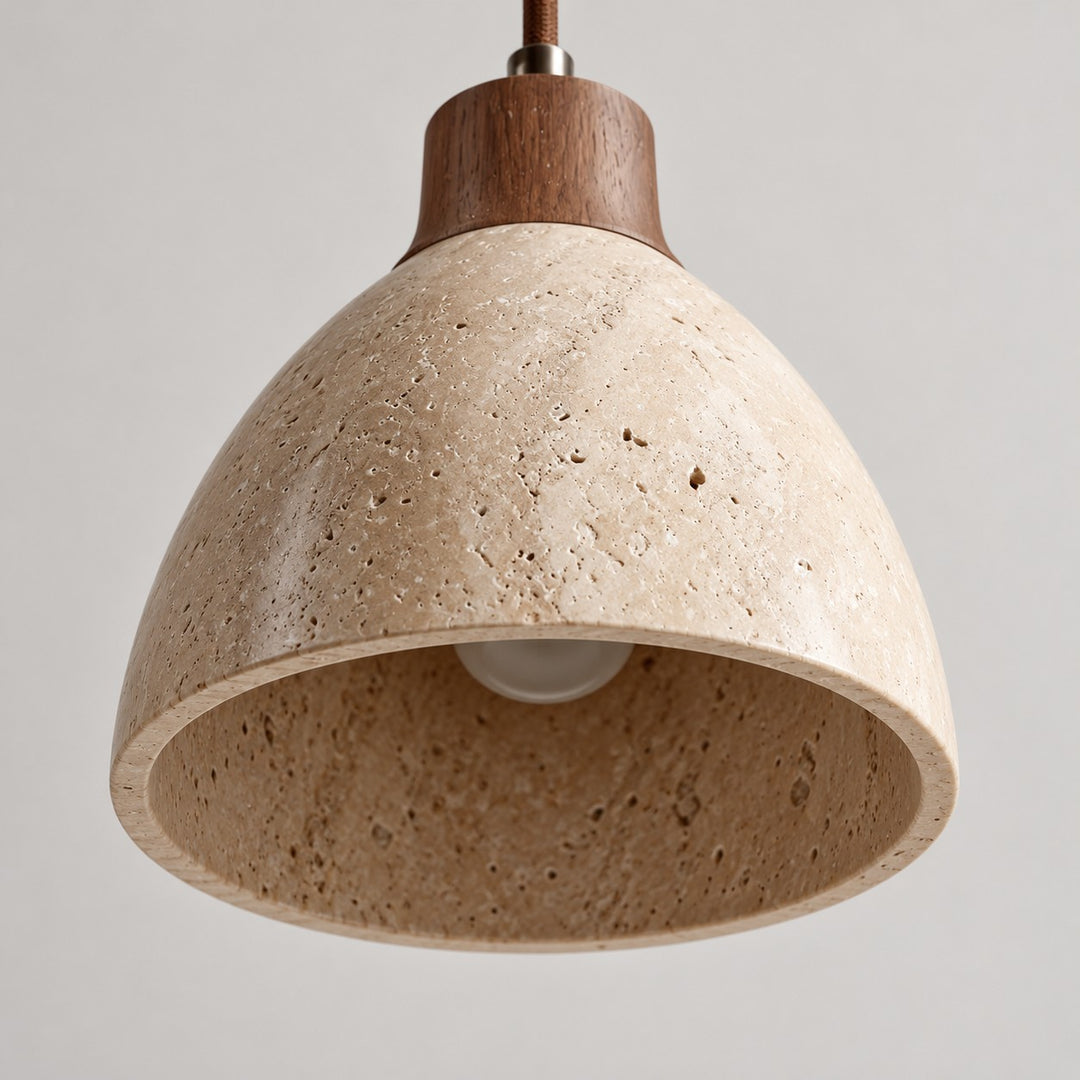 Modern Nerio Wood Walnut Travertine Pendant Light