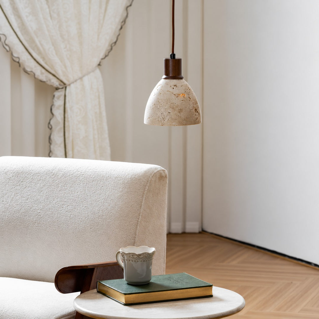 Modern Nerio Wood Walnut Travertine Pendant Light