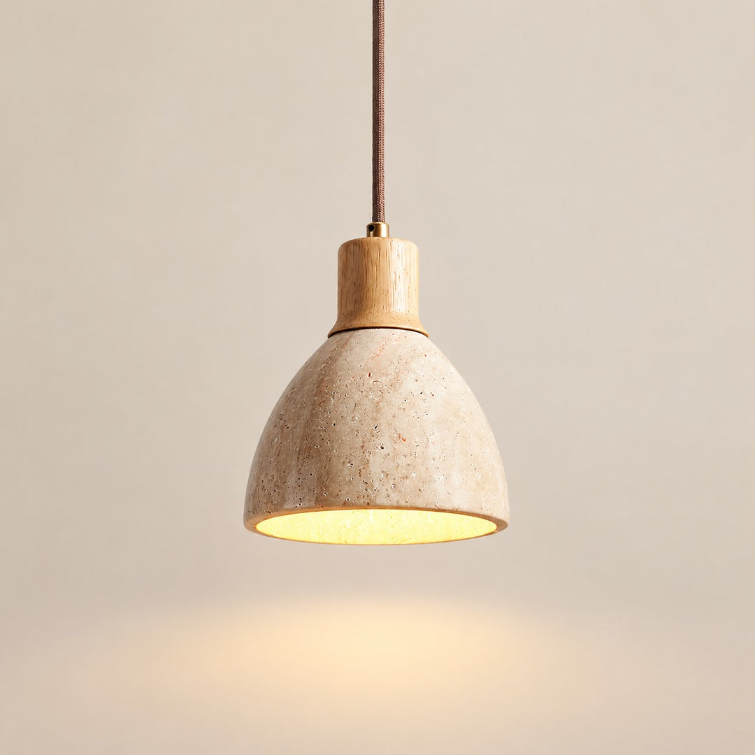 Modern Nerio Wood Walnut Travertine Pendant Light