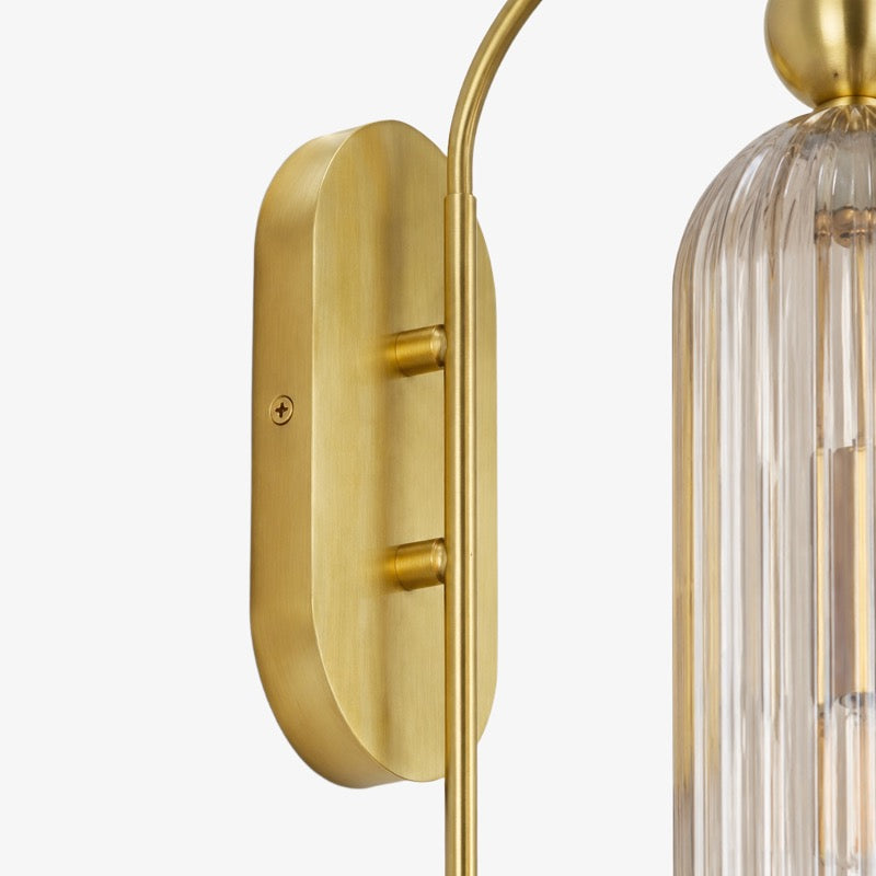 Cylinder Ribbed Glass Wall Sconce – Metal Modern Vintage Light for Bedroom and Hallway