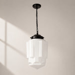 Load image into Gallery viewer, Vintage Art Deco Milk Glass Geometric  Skyscraper Shade Pendant Light