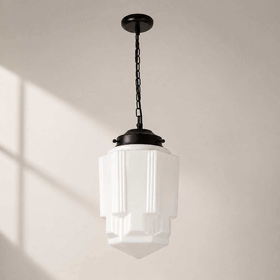 Vintage Art Deco Milk Glass Geometric  Skyscraper Shade Pendant Light