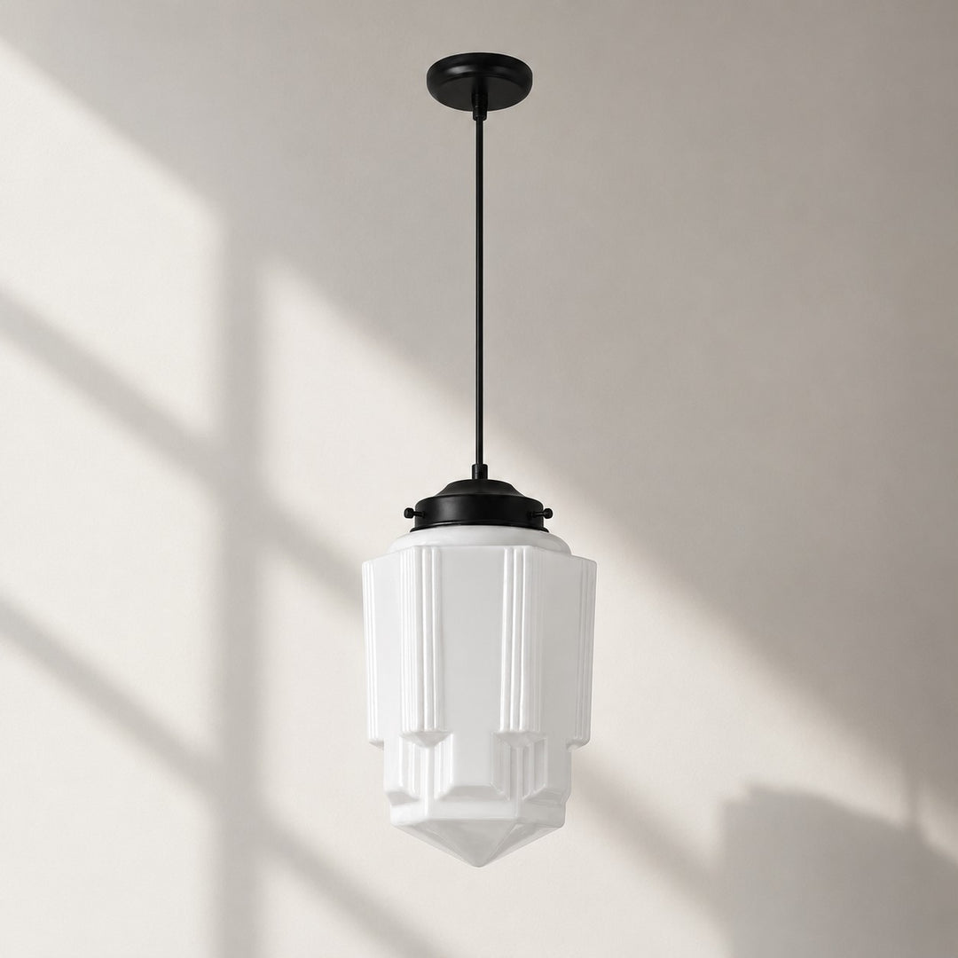 Vintage Art Deco Milk Glass Geometric  Skyscraper Shade Pendant Light