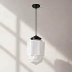 Load image into Gallery viewer, Vintage Art Deco Milk Glass Geometric  Skyscraper Shade Pendant Light