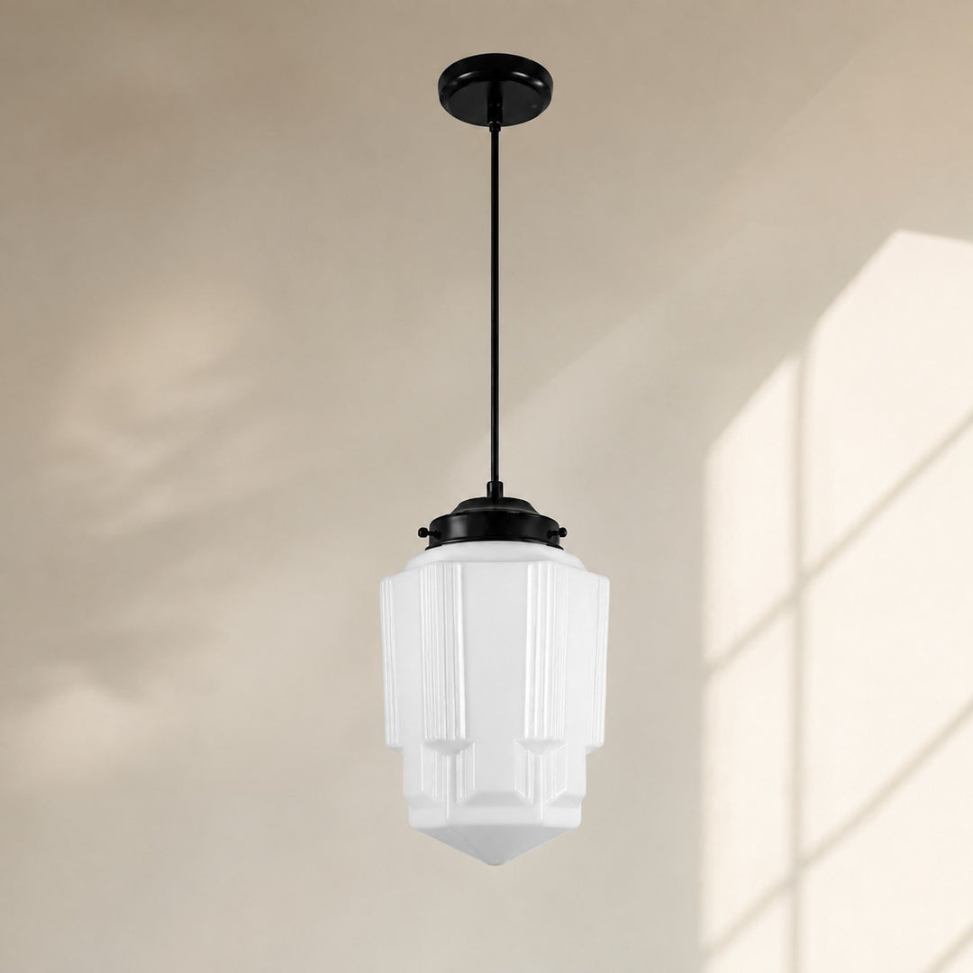 Vintage Art Deco Milk Glass Geometric  Skyscraper Shade Pendant Light