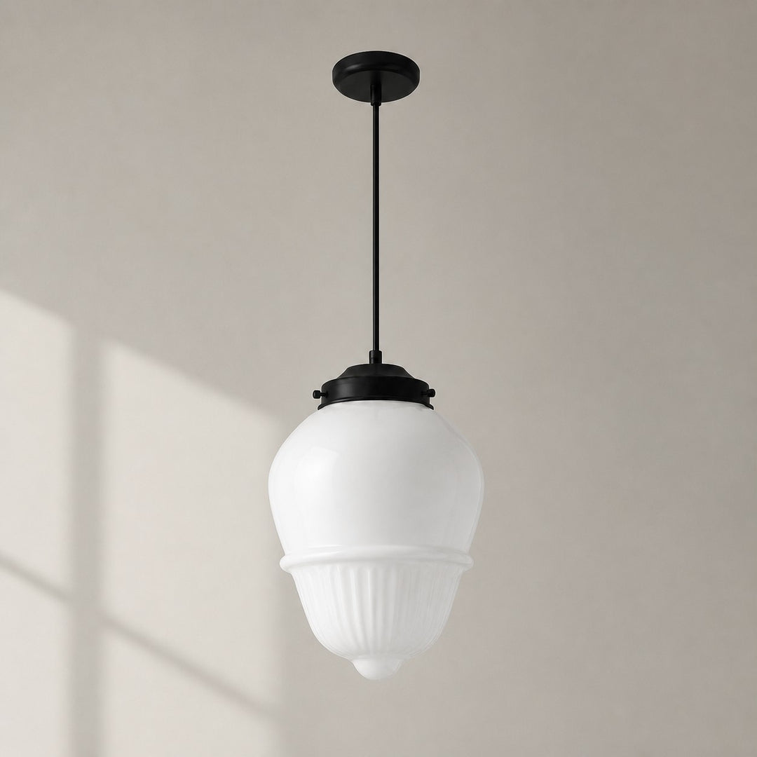 Vintage Art Deco Milk Glass Geometric  Skyscraper Shade Pendant Light