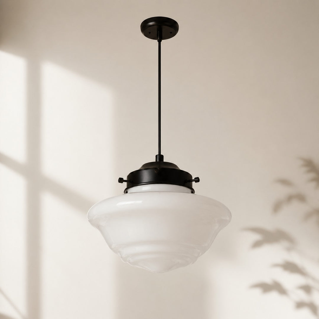 Vintage Art Deco Milk Glass Geometric  Skyscraper Shade Pendant Light