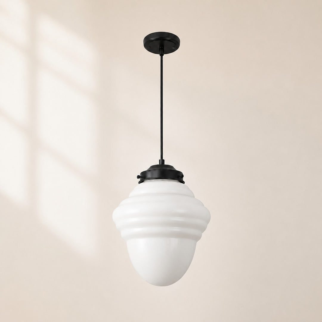 Vintage Art Deco Milk Glass Geometric  Skyscraper Shade Pendant Light