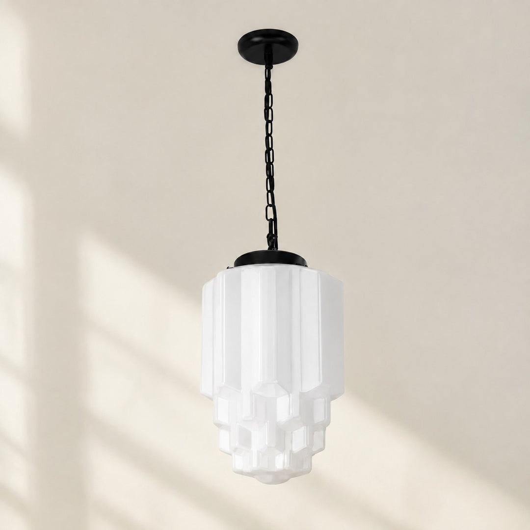 Vintage Art Deco Milk Glass Geometric  Skyscraper Shade Pendant Light
