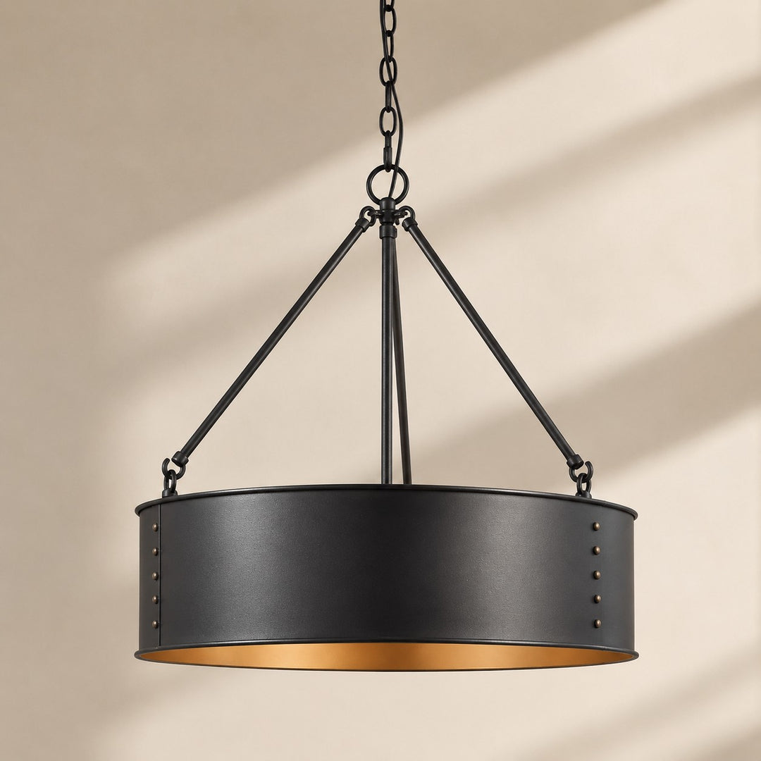 Velara Round Black Drum Pendant Light - Industrial Vintage Style for Dining Room or Living Room