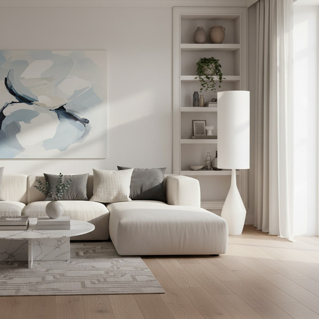 Lámpara de pie moderna de cerámica orgánica Lumera - Forma escultórica asimétrica y luz ambiental para dormitorio