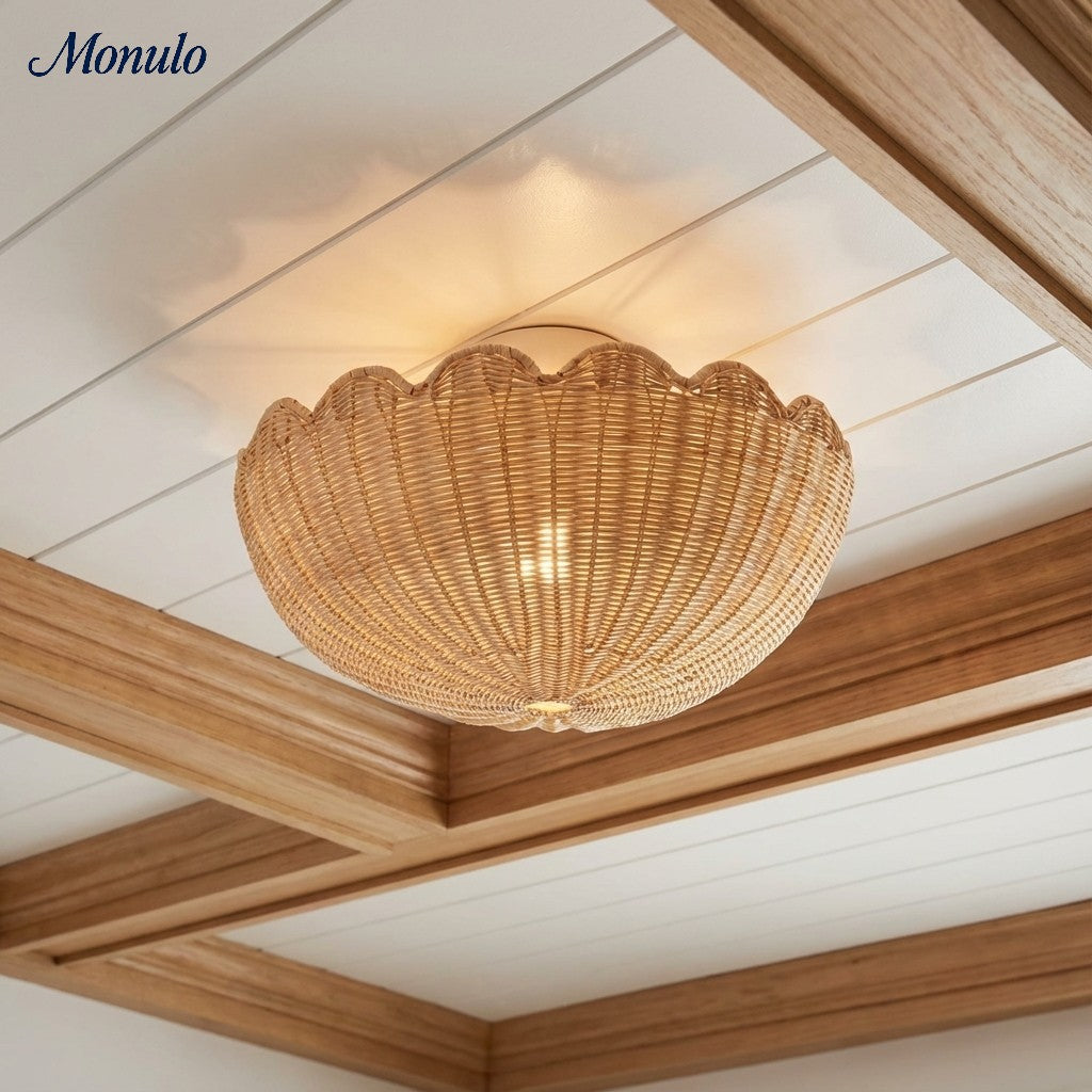 Olvara Scalloped Rattan Bubble Flush Mount Ceiling Lamp – Boho Anders Style Ceiling Light for Bedroom